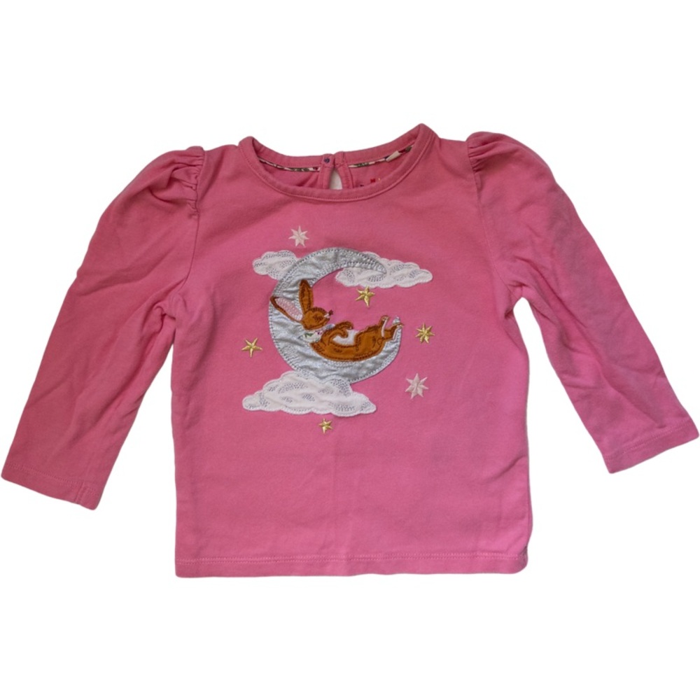 Mini Boden Appliqué Puff-Sleeve Top Azalea Pink Bunny on Moon Size 18-24M